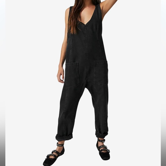 Free People Pants - Free People Black V-Neck Washed Denim Jumpsuit